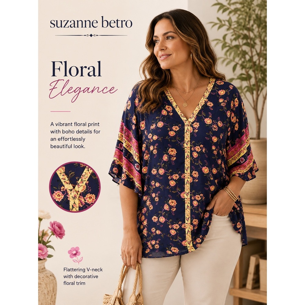 NEW Suzanne Betro Women's 4X Navy Floral Print V Neck Blouse Top Shirt